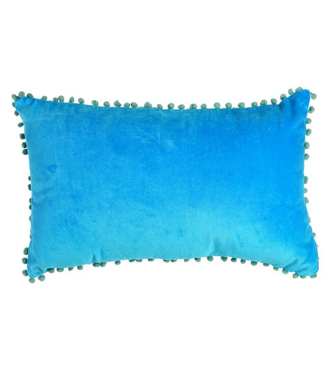 Velvet cushion greek blue wit mnt green pom poms 33x50cm