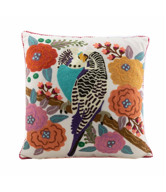 Pillow white Kissing parakeets embroidery 45x45cm