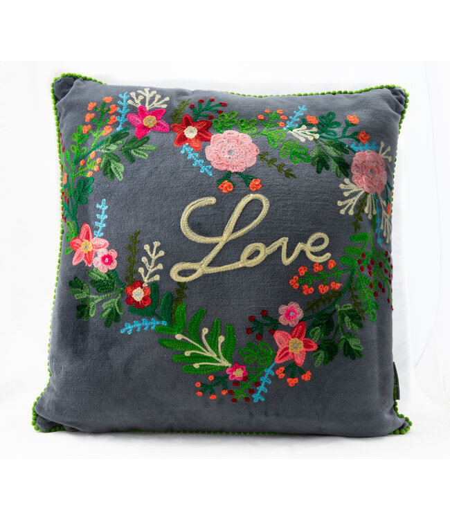 Pillow velour grey crochet flower heart LOVE - 45x45cm