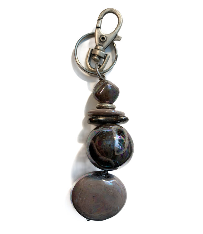 Bag hanger - ceramic key chain 8 cm - brown-beige beads