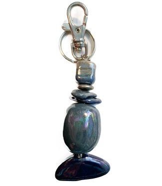 Kazuri Bag hanger with grey and dark blue ceramic beads - key chain 8 cm