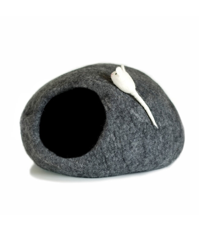 Felt Catcave dark grey with white mouse - D45xH30cm