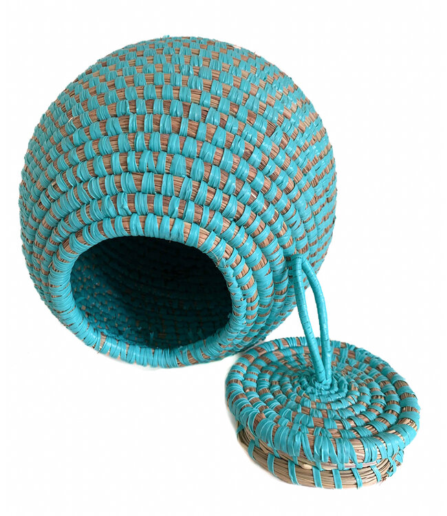 Rieten mandje met deksel - korf 20cm - aqua