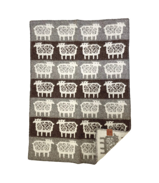 Crib blanket wool - brown-grey stripes with sheep - 65x90 cm