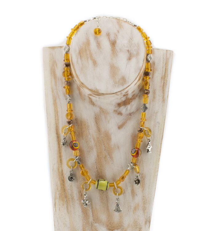 Necklace yellow beads with metal charms