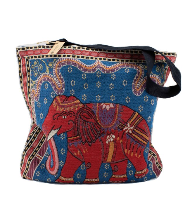 Juten shopper - blauw met rode olifant