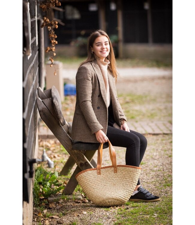 Shopper palmblad met bruin leren rand en schouderbanden