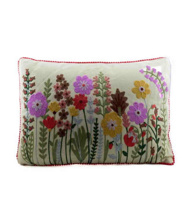 Pillow crochet flowergarden beige with yellow, lilac, red - 35x50 cm