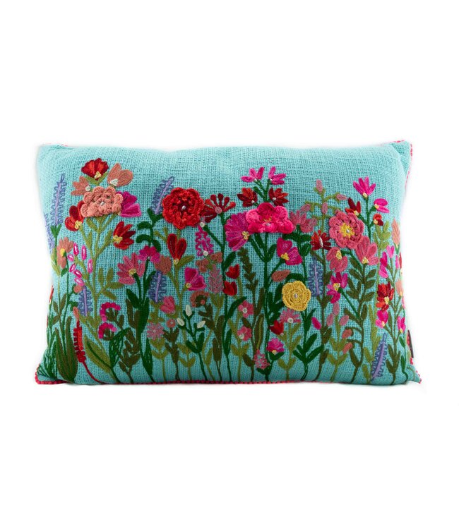Pillow with crochet flower garden. Aqua 40x60 cm