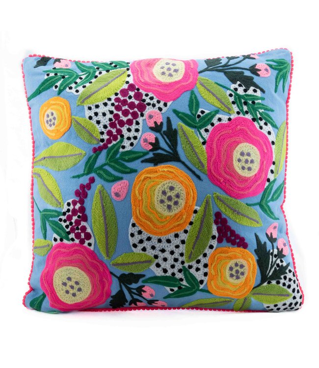 Blue design cushion with flower embroidery - 45x45cm