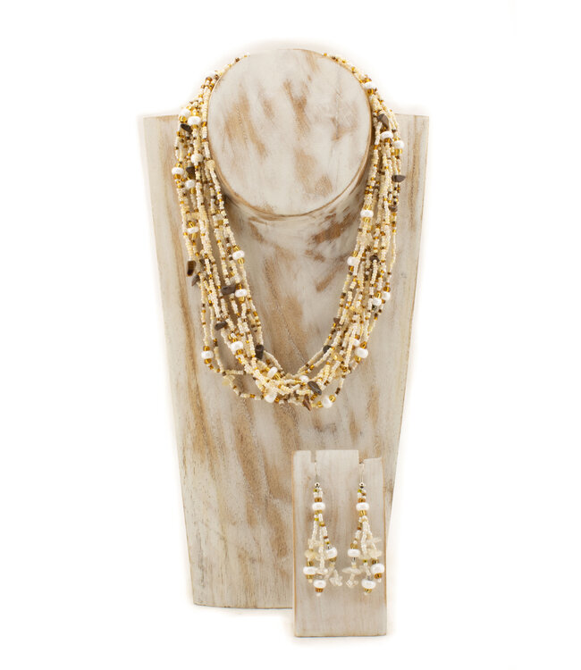 Eearings white-gold-brown beads