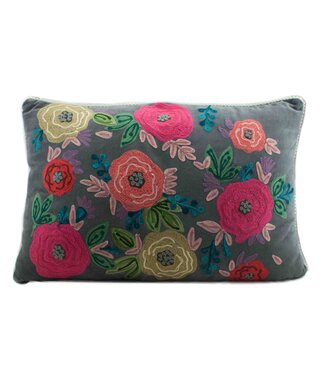 Only Natural Pillow velour grey with colourful flowers 40 x 60 cm