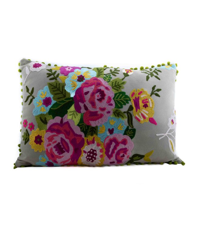 Pillow - grey with pink-blue-yellow crochet flowers 40x60 cm