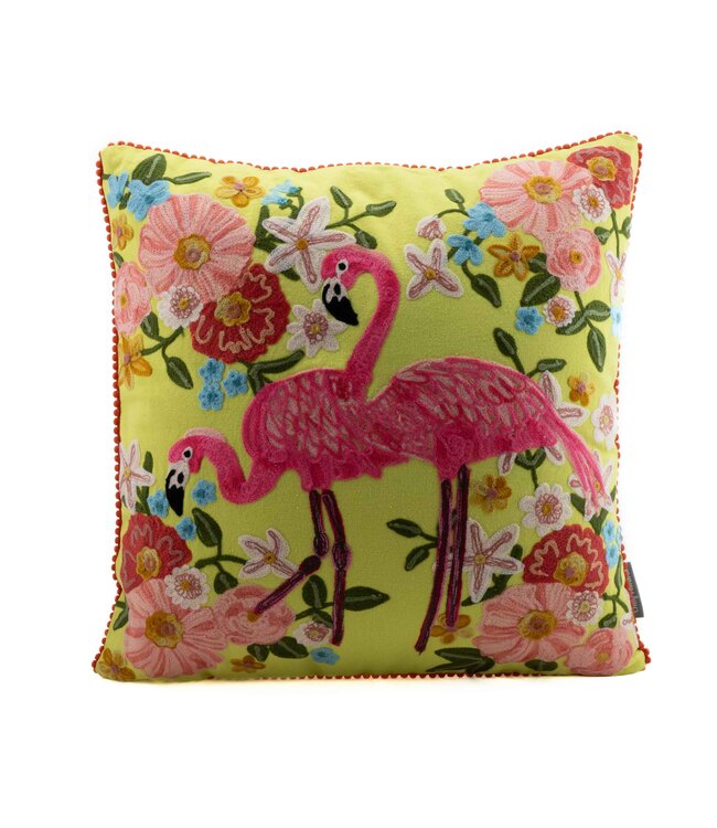 Sierkussen vierkant geel met roze Flamingo's -  45x45cm