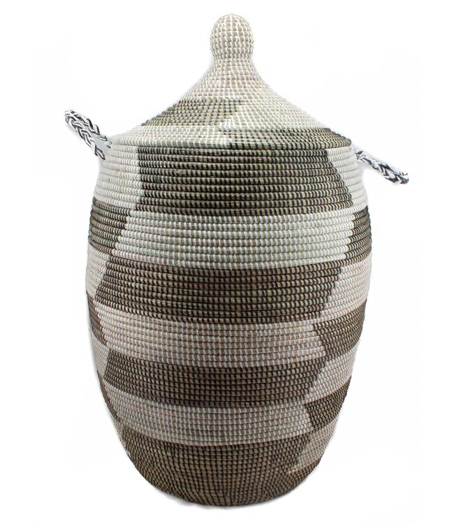 Straw basket with lid traditional shape black-white stripes