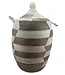 Straw basket with lid traditional shape black-white stripes