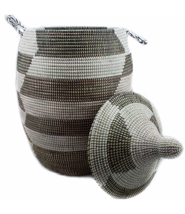 Rieten mand met deksel traditionele vorm zwart-wit zigzag (L)