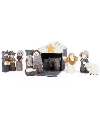 SjaalmetVerhaal Vilten kerststal 12-delig grijs-naturel 15cm
