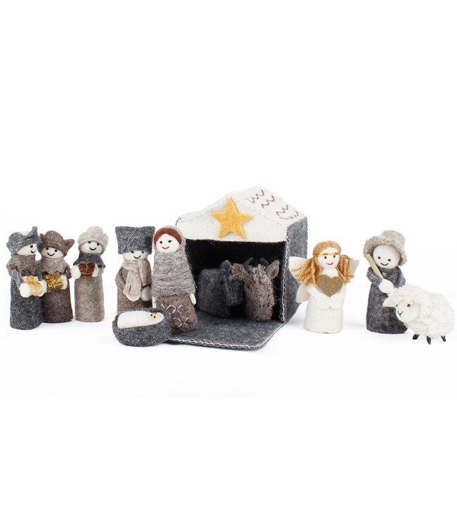 Vilten kerststal 12-delig grijs-naturel 15cm