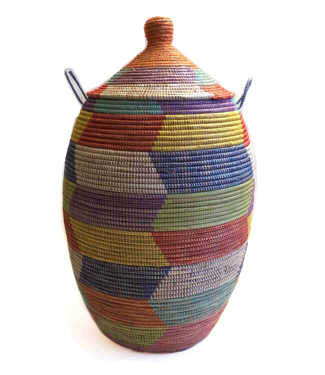 Straw basket with lid traditional shape Multicolour zig-zag -Large