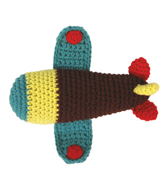 GlobalAffairs Crochet airplane rattle brown-green-red