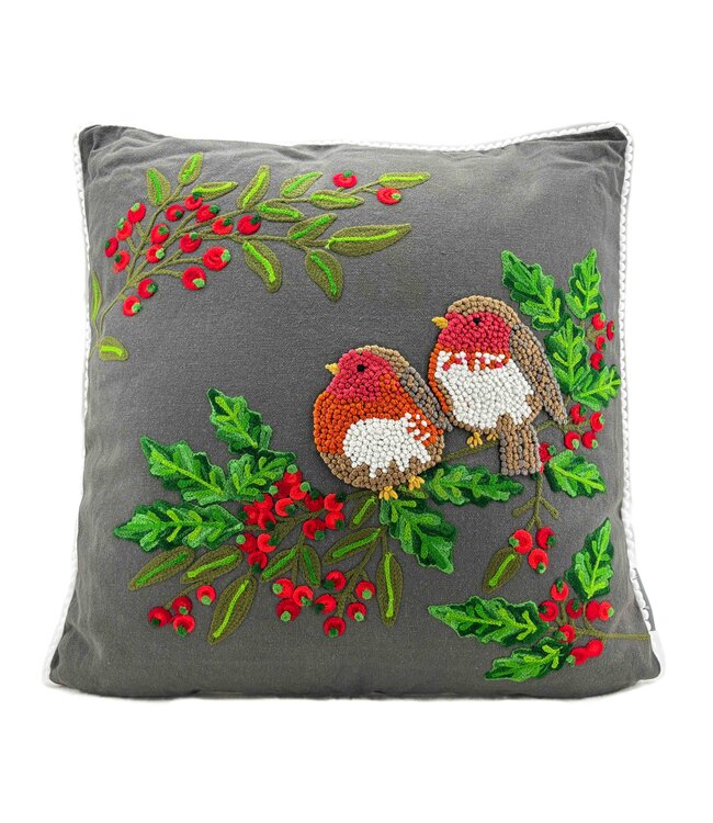 Pillow square grey with two robins 45x45cm