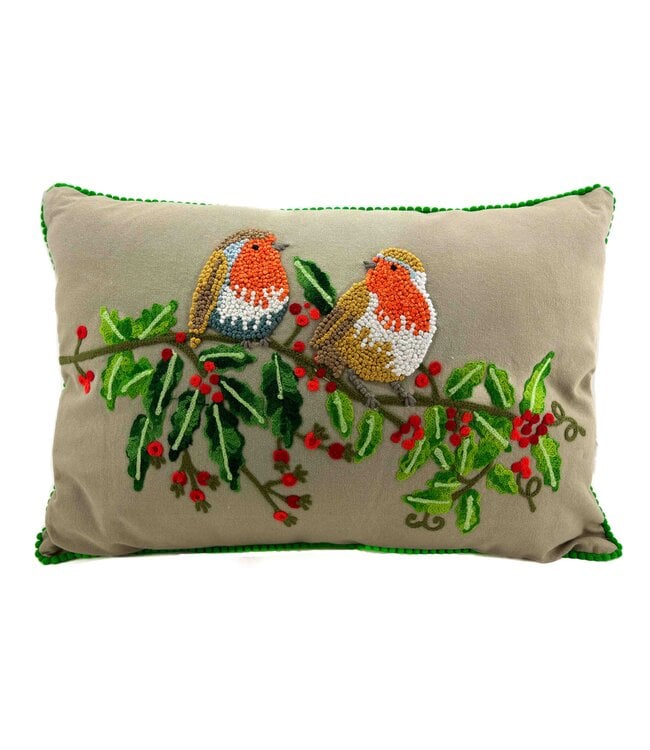 Sierkussen 35x50cm beige met roodborstjes