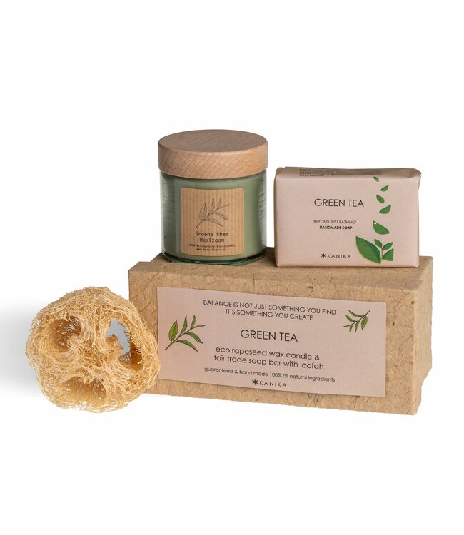 Welness cadeau set Green Tea met zeep, spons en kaarsje