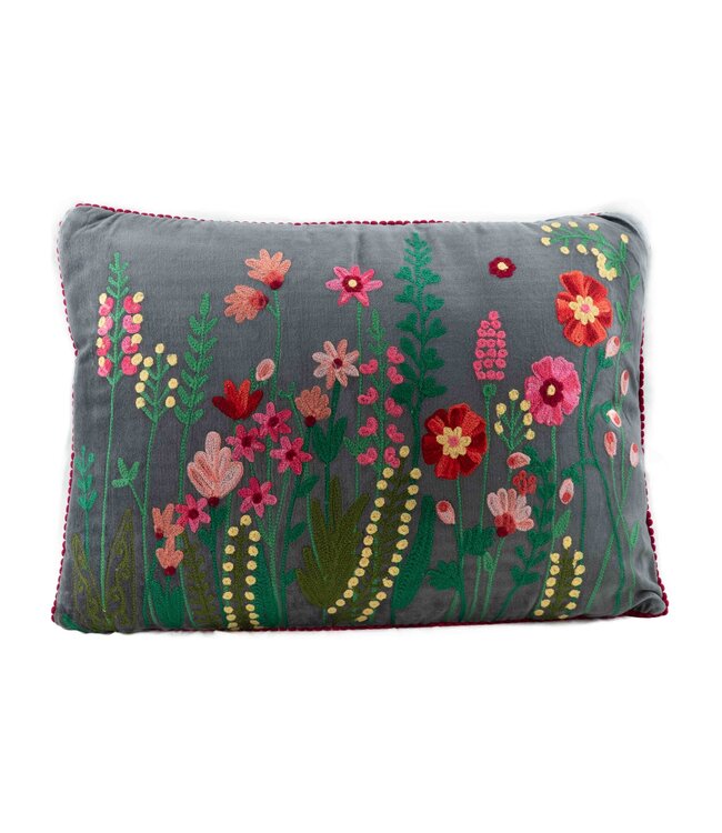 Sierkussen velours met geborduurde bloementuin 40x60 cm - antraciet