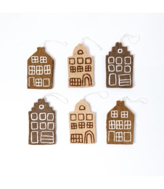SjaalmetVerhaal Kersthangers vilten grachtenhuisjes gingerbread - 6 stuks