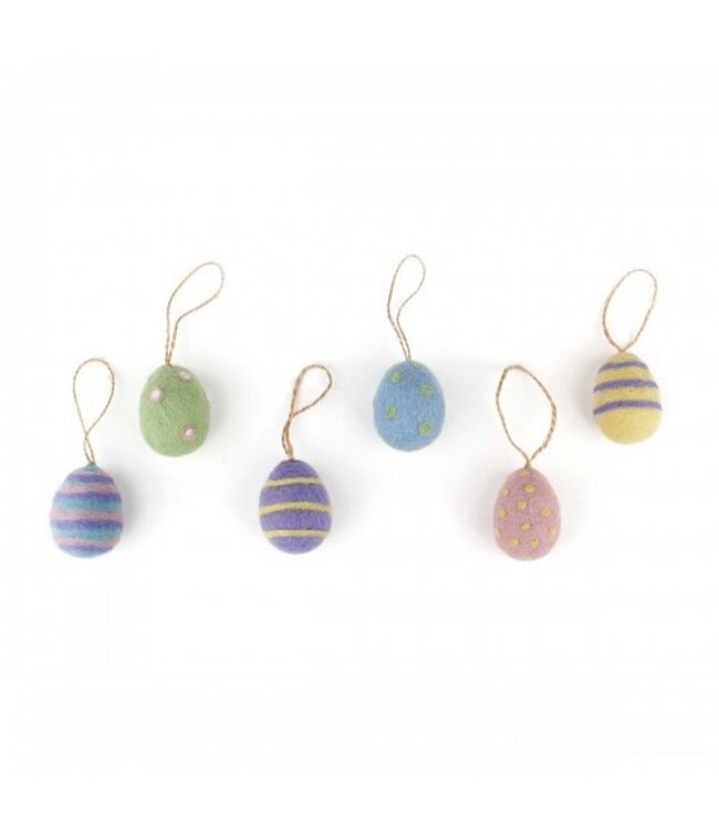 Set van 6 vilten hangers - Paaseieren pastel streep -stip 4x3cm