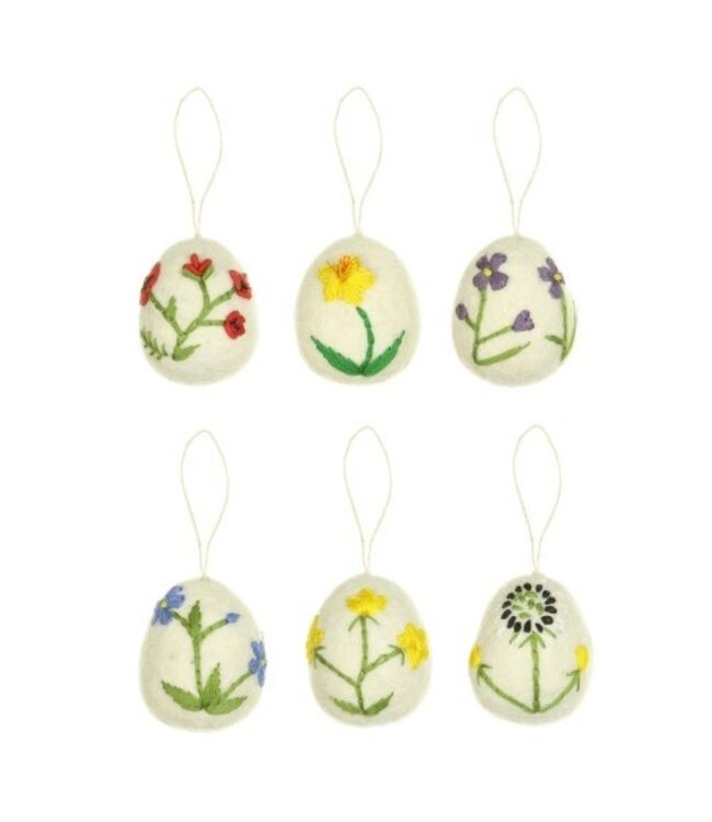 Set of 6 felt Easter eggs hangers Wild Flowers 5x4cm