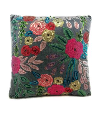 Only Natural Sierkussen velours grijs gehaakte bloemen 45x45 cm