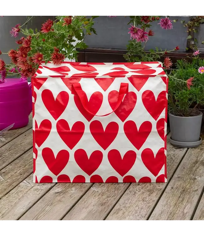 Big storage bag Hearts - red on white recycled plastic 55cm