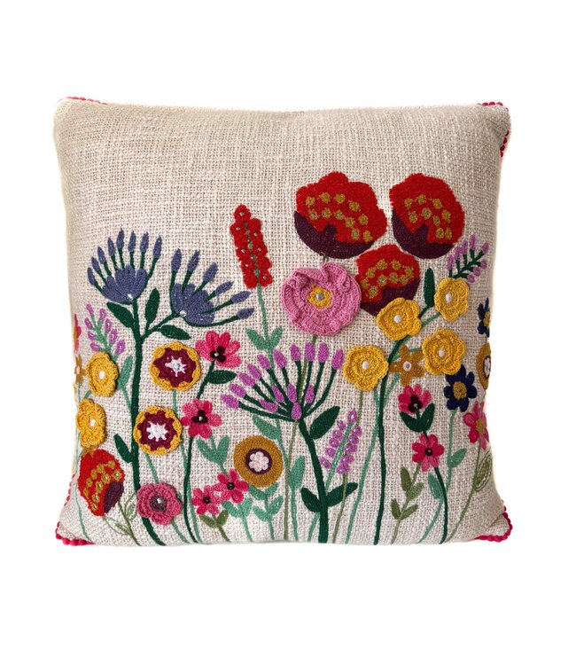Sierkussen geborduurd Bloementuin beige 45x45cm