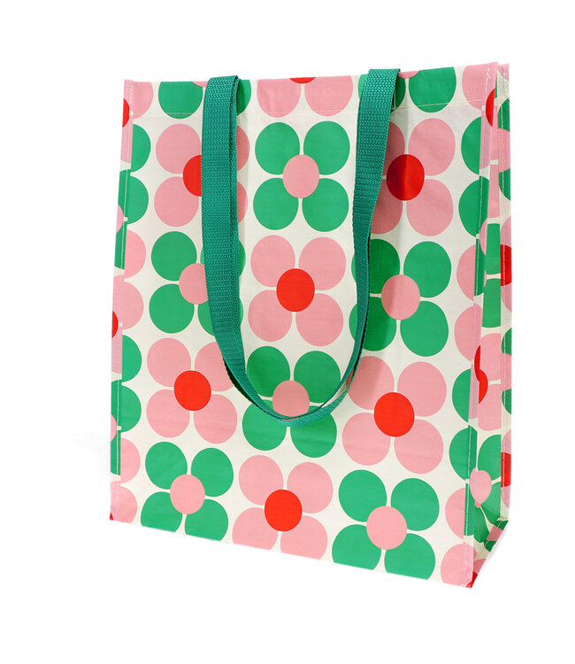 Shopper recycled plastic 40x34cm Daisy - Madeliefjes in groen roze