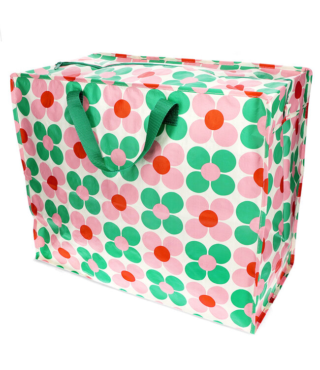 Big storage bag recycled plastic Daisy green - pink 55cm