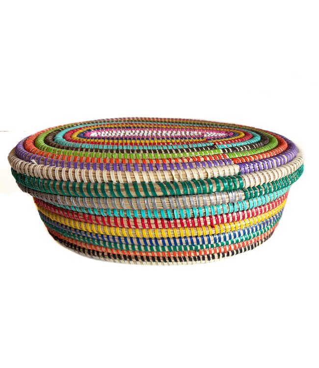 Rieten mand ovaal met deksel multicolour streep  +/- 30x20x12 cm
