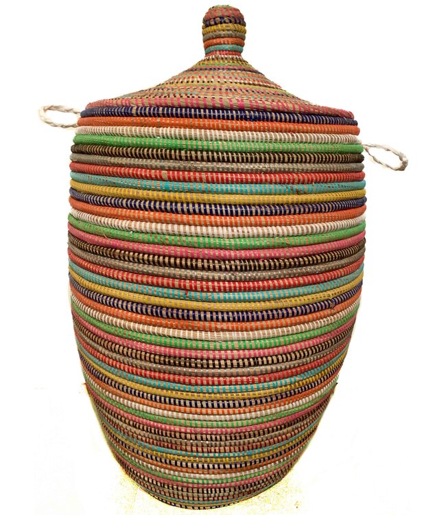 Straw basket with lid traditional shape -multi stripes Large