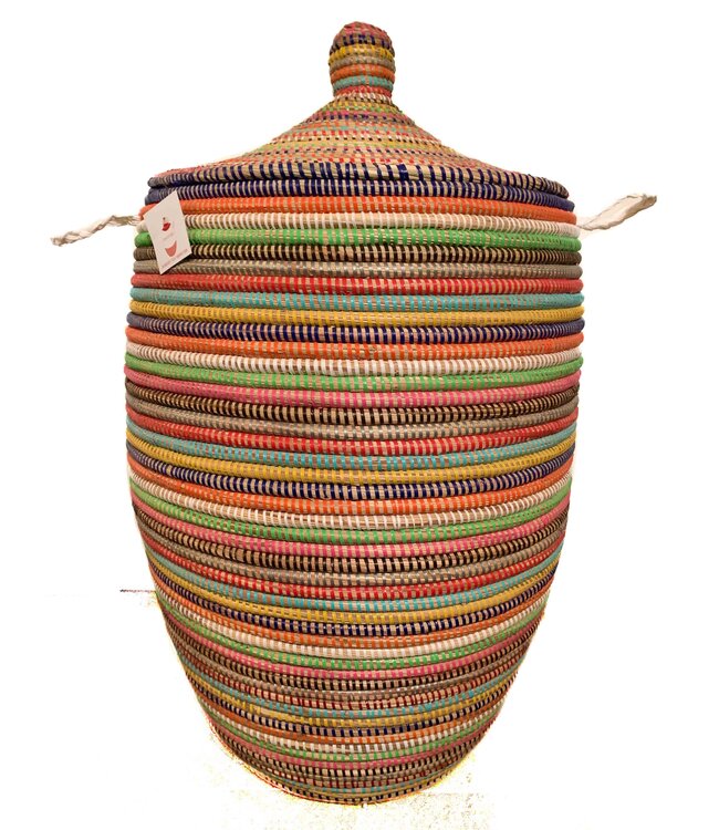 Straw basket with lid traditional shape -multi stripes Large