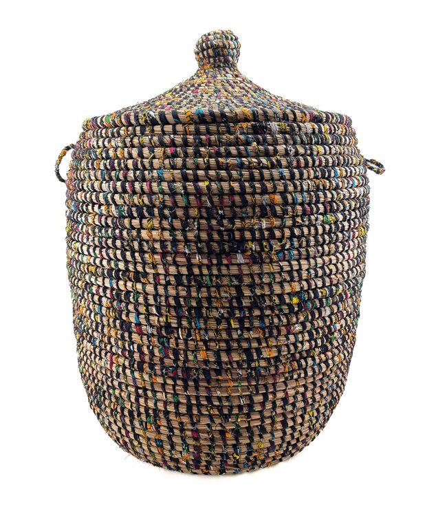 Straw basket with colourful textile -black - yellow - H 40/50 x D 40cm