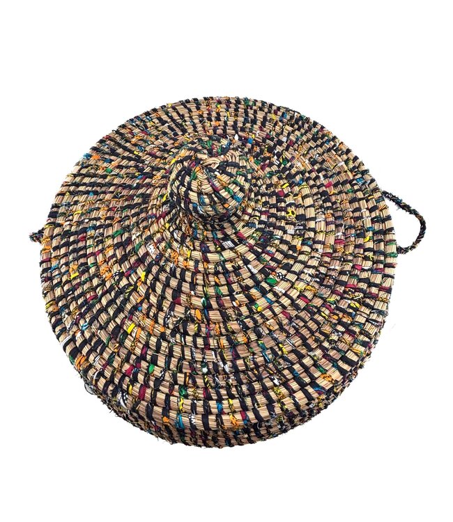 Rieten mand met stof -zwart blauw geel - H50xD45cm - H70 x D45cm.