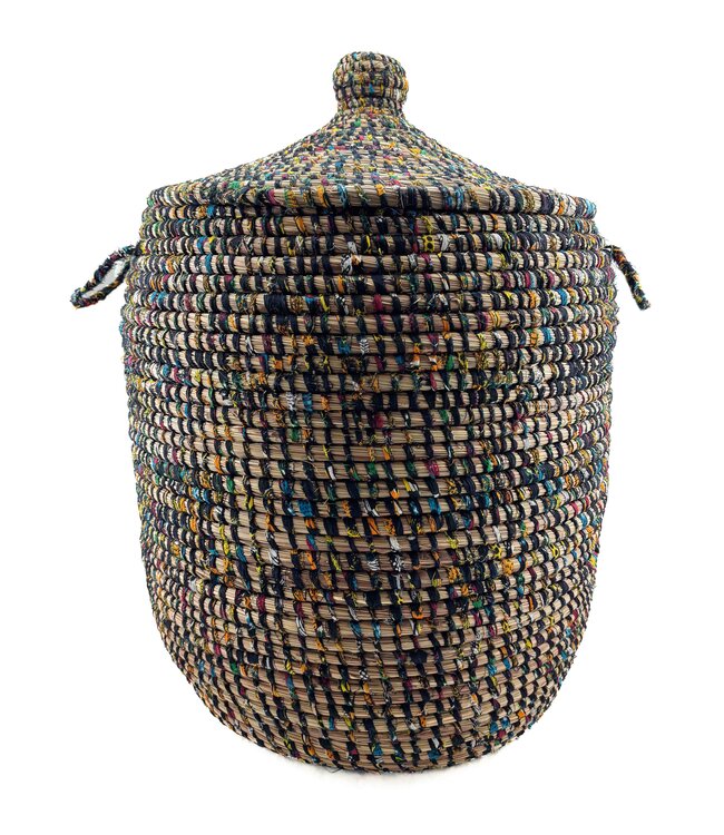 Rieten mand met stof -zwart-geel - H 70/ x D 45cm