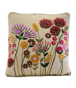 Only Natural Sierkussen khaki met geborduurde bloemen groene rand - 45x45cm