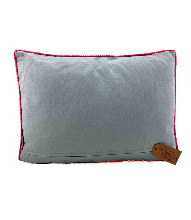 Sierkussen geborduurd Denimblauw met bloemen rood-roze-geel 35x50cm