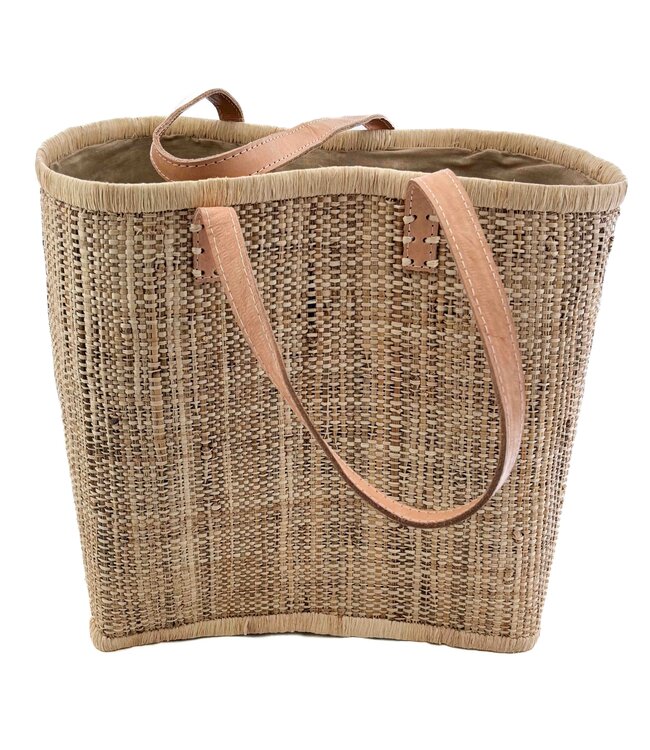 Straw bag natural with brown leather handles