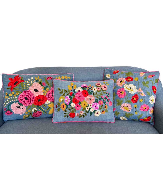 Pillow crochet flowers Denim blue with pink, red, white, yellow flowers 45x45cm