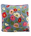 Sierkussen geborduurd Denimblauw met bloemen rood-roze-geel 45x45cm