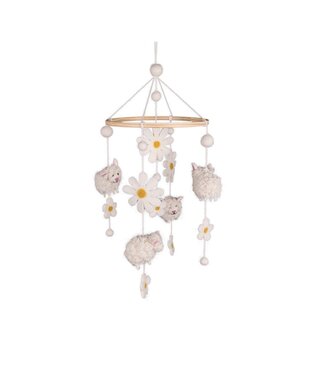 SjaalmetVerhaal Vilten mobiel met 4 witte schapen en margrietjes - H 50 x D19 cm