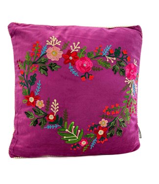 Only Natural Sierkussen velours fuchsia gehaakt bloemenhart 45x45 cm